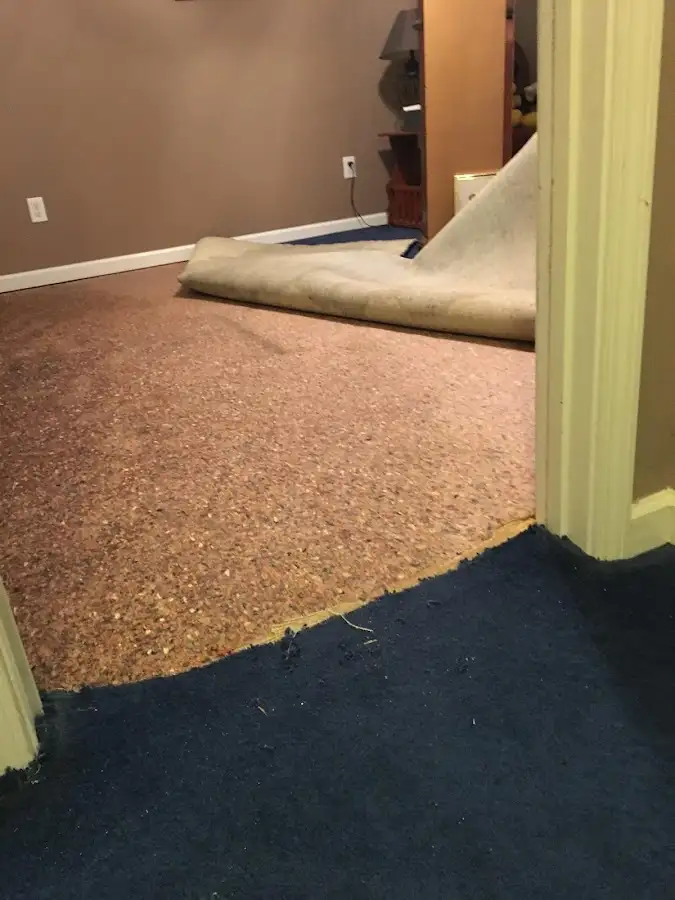 Carpet pad removal revealing water damage during Drying & Dehumidification in Des Moines